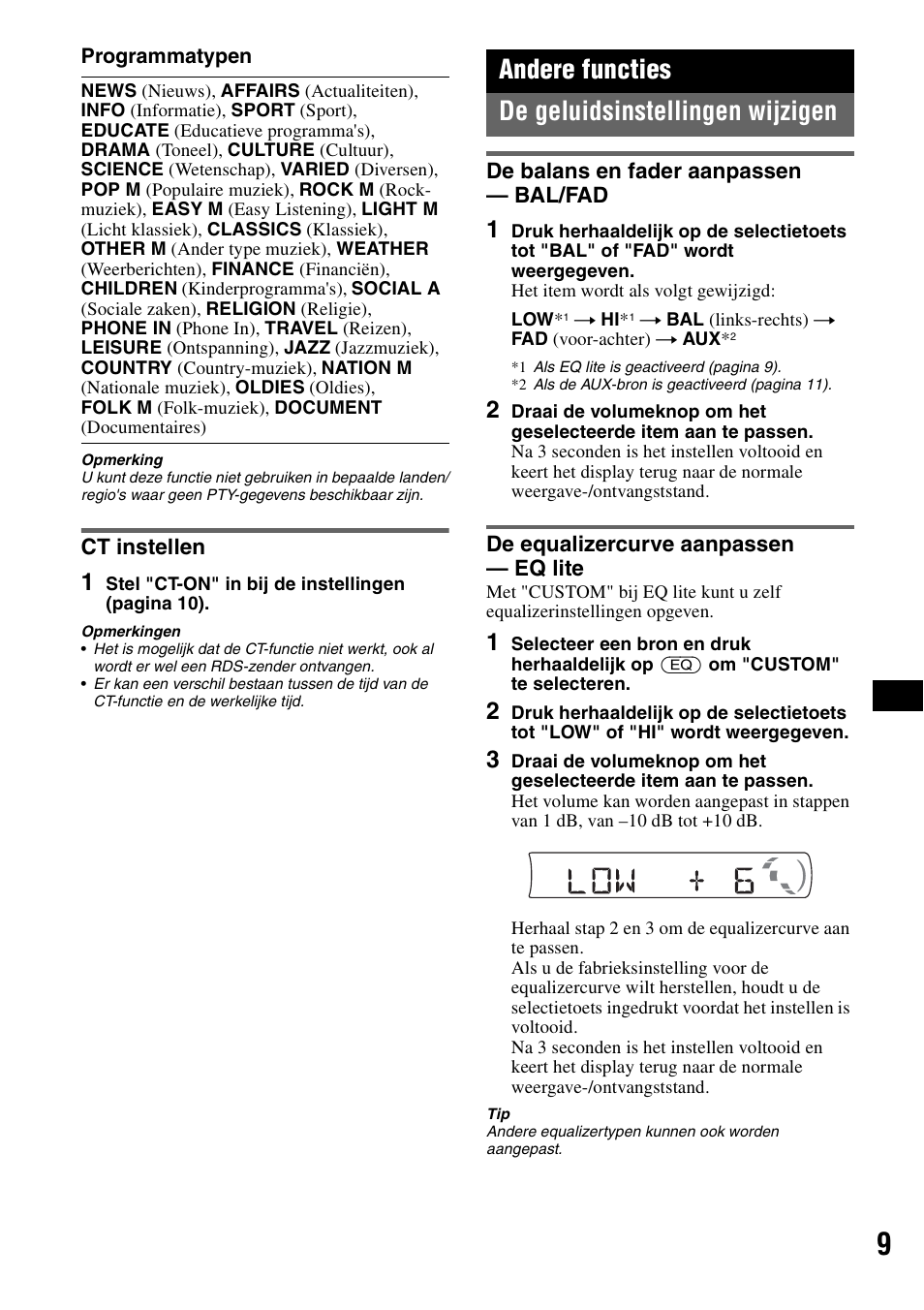 Ct instellen, Andere functies, De geluidsinstellingen wijzigen | De balans en fader aanpassen - bal/fad, De equalizercurve aanpassen - eq lite, De balans en fader aanpassen, Bal/fad de equalizercurve aanpassen, Eq lite, Andere functies de geluidsinstellingen wijzigen | Sony CDX-GT111 User Manual | Page 69 / 76