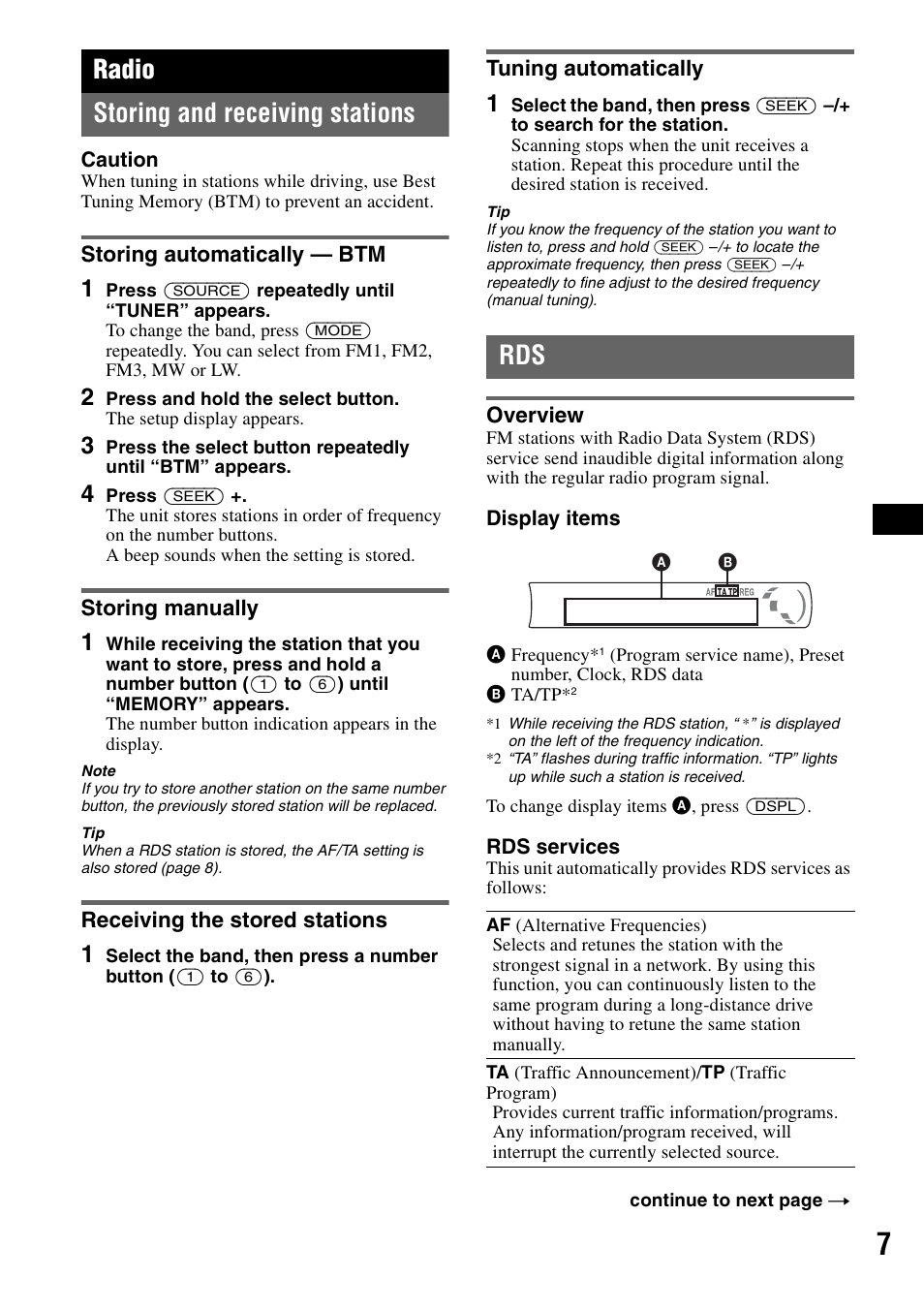 Radio, Storing and receiving stations, Storing automatically - btm | Storing manually, Receiving the stored stations, Tuning automatically, Overview, Radio storing and receiving stations | Sony CDX-GT111 User Manual | Page 7 / 76