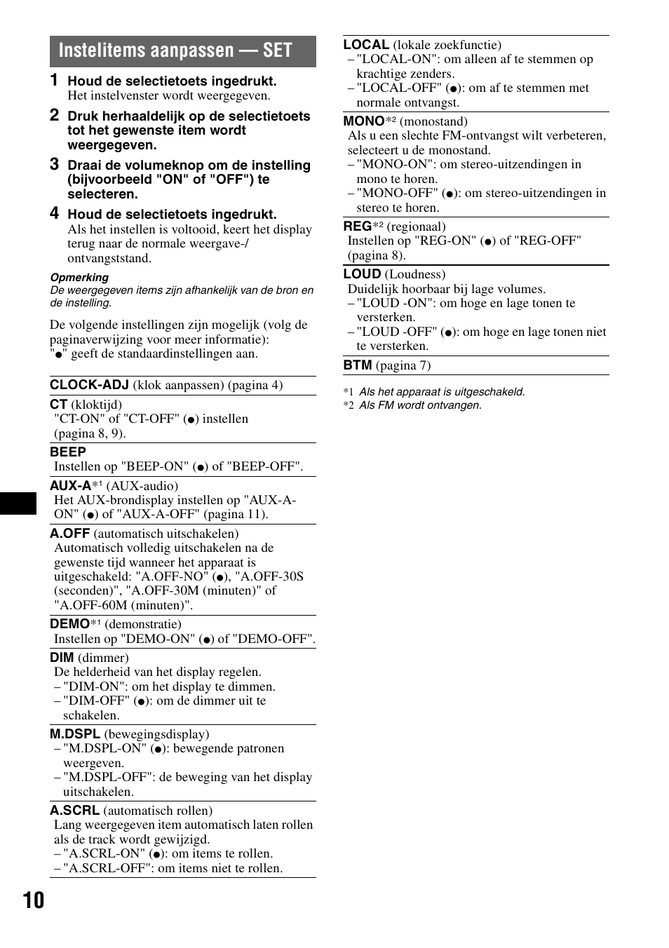 Instelitems aanpassen - set, Instelitems aanpassen — set | Sony CDX-GT111 User Manual | Page 70 / 76