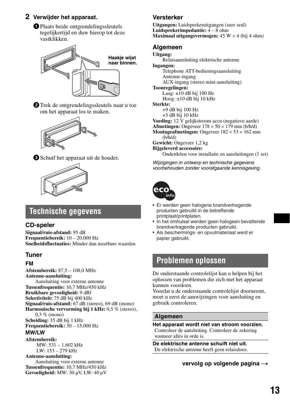 Technische gegevens, Problemen oplossen, Technische gegevens problemen oplossen | Sony CDX-GT111 User Manual | Page 73 / 76
