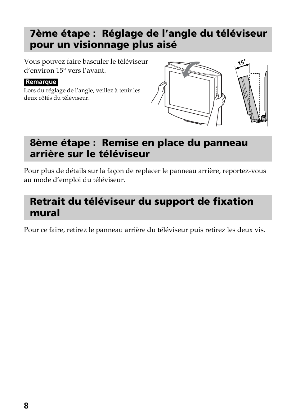 Retrait du téléviseur du support de fixation mural | Sony SU-W100 User Manual | Page 16 / 28