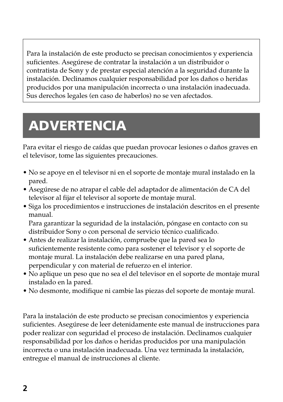 Advertencia | Sony SU-W100 User Manual | Page 18 / 28