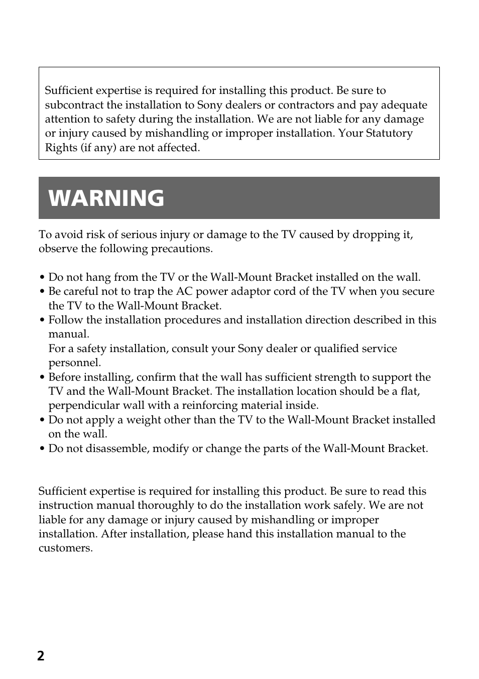 Warning | Sony SU-W100 User Manual | Page 2 / 28