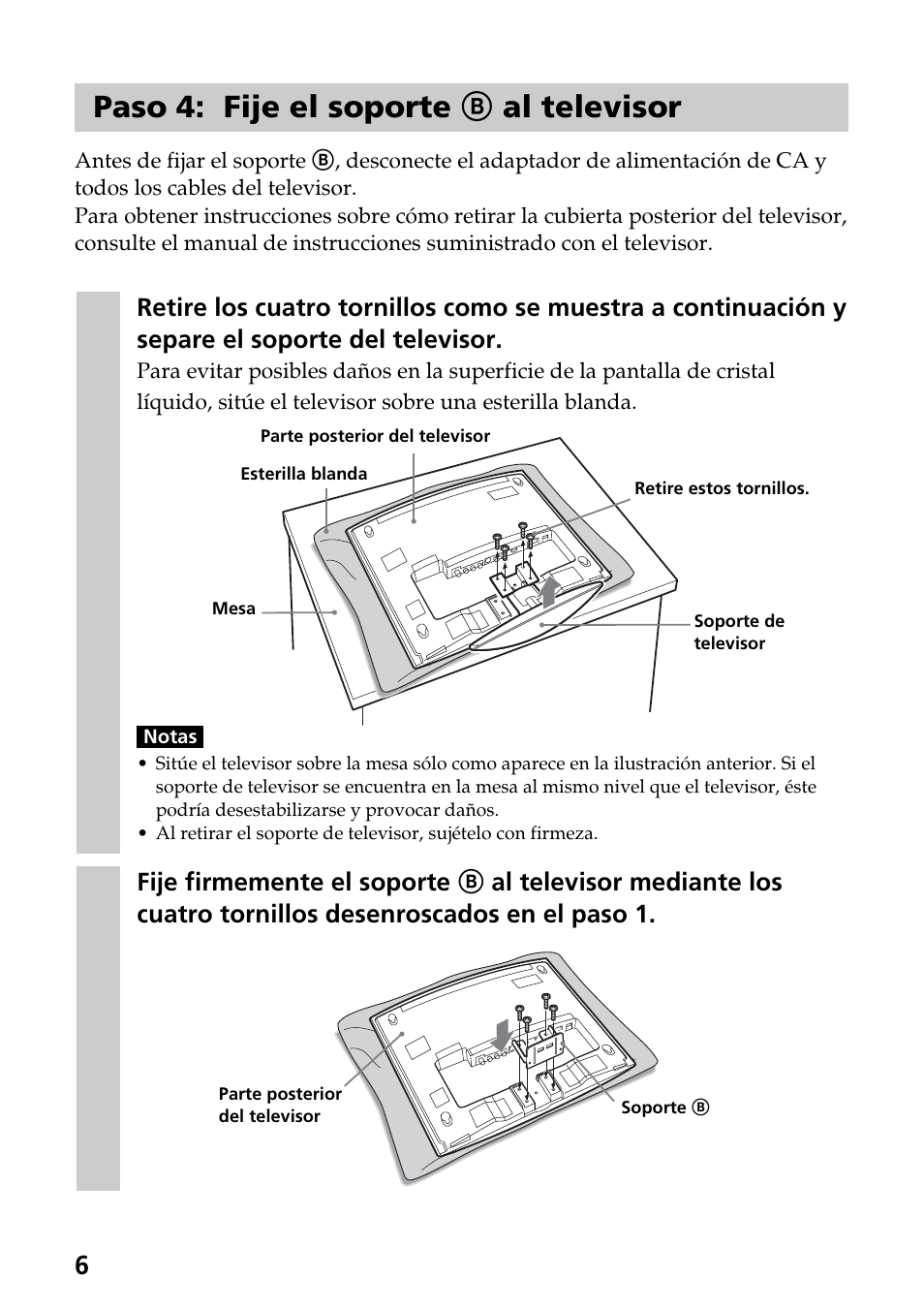 Paso 4: fije el soporte b al televisor | Sony SU-W100 User Manual | Page 22 / 28