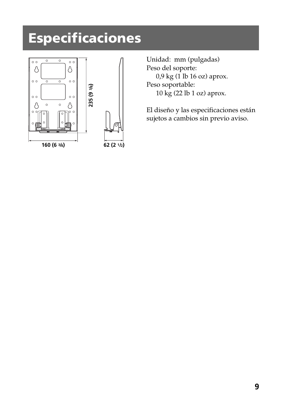Especificaciones | Sony SU-W100 User Manual | Page 25 / 28