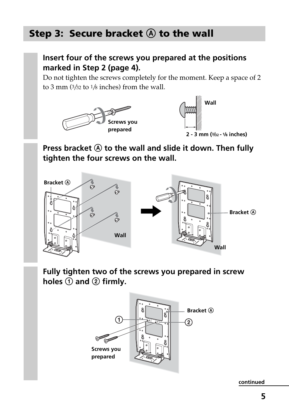 Step 3: secure bracket a to the wall | Sony SU-W100 User Manual | Page 5 / 28