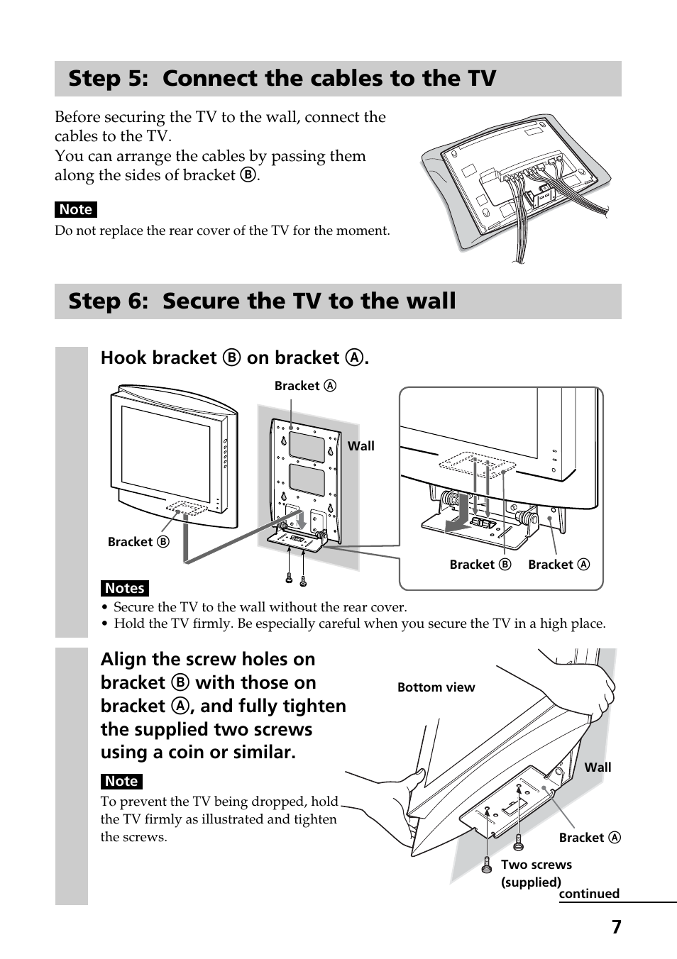 Step 5: connect the cables to the tv, Step 6: secure the tv to the wall | Sony SU-W100 User Manual | Page 7 / 28