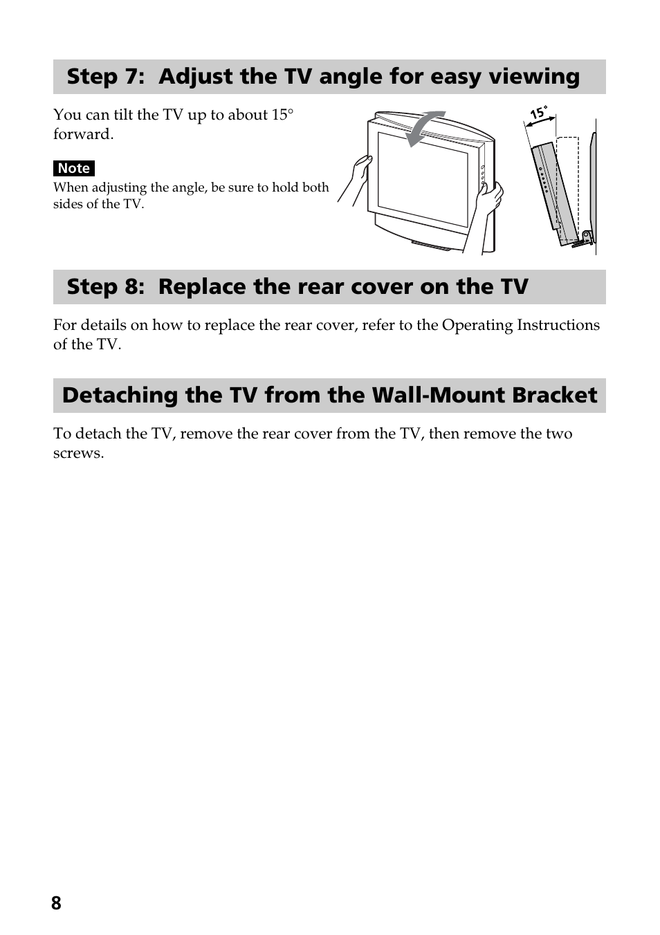 Step 7: adjust the tv angle for easy viewing, Step 8: replace the rear cover on the tv, Detaching the tv from the wall-mount bracket | Sony SU-W100 User Manual | Page 8 / 28