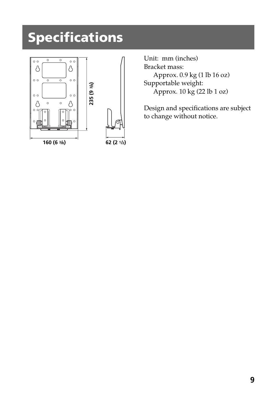 Specifications | Sony SU-W100 User Manual | Page 9 / 28
