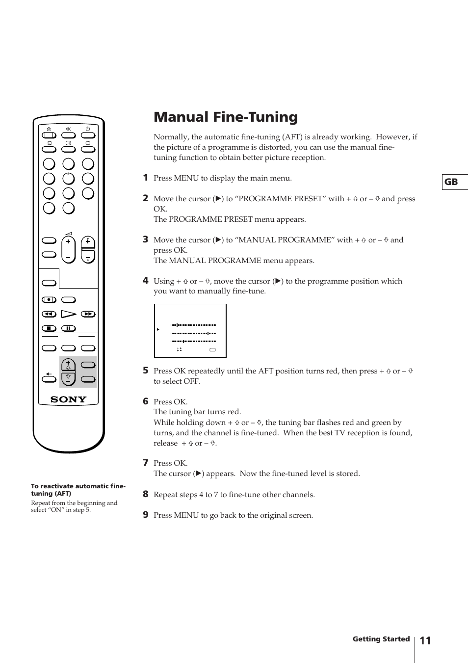Manual fine-tuning, Press menu to display the main menu, Repeat steps 4 to 7 to fine-tune other channels | Press menu to go back to the original screen | Sony Trinitron KV-V1430P User Manual | Page 11 / 36