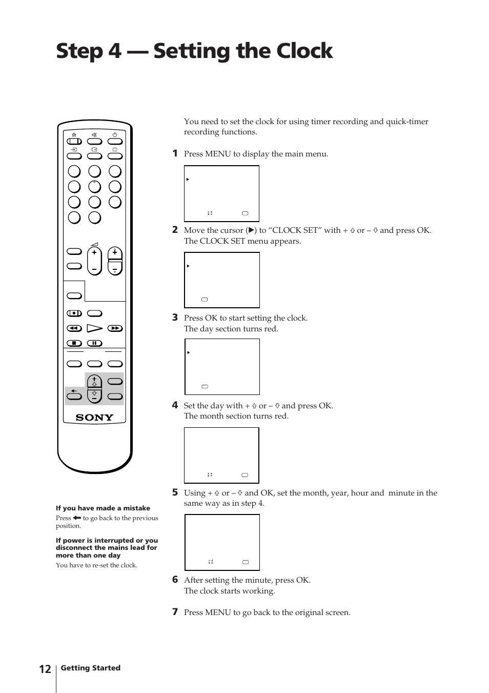 Step 4 — setting the clock, Press menu to display the main menu, Press menu to go back to the original screen | Sony Trinitron KV-V1430P User Manual | Page 12 / 36