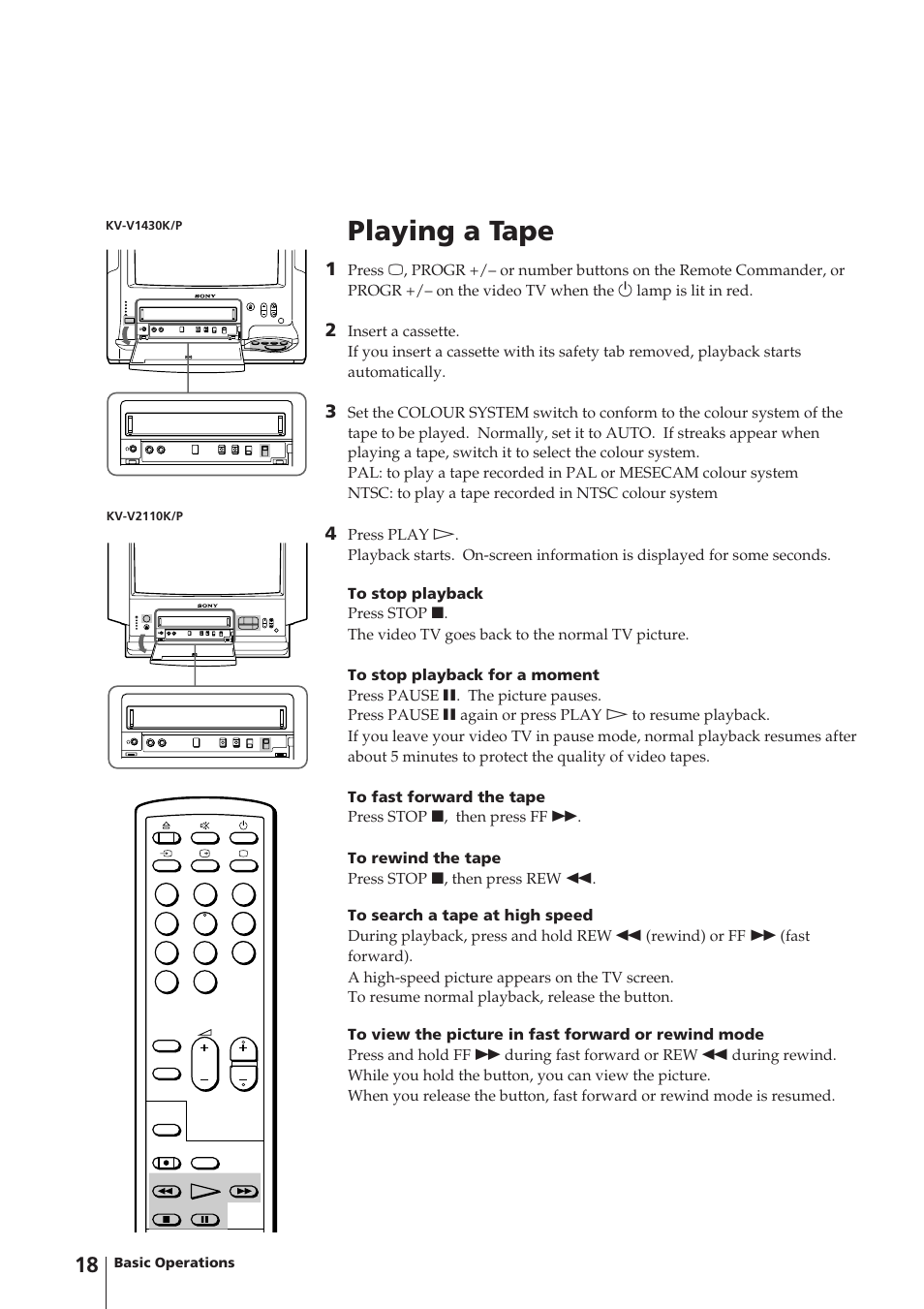 Playing a tape | Sony Trinitron KV-V1430P User Manual | Page 18 / 36