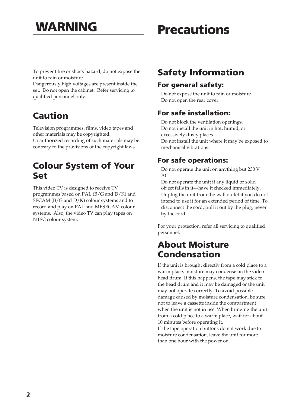 Warning precautions, Caution, Colour system of your set | Safety information, About moisture condensation | Sony Trinitron KV-V1430P User Manual | Page 2 / 36