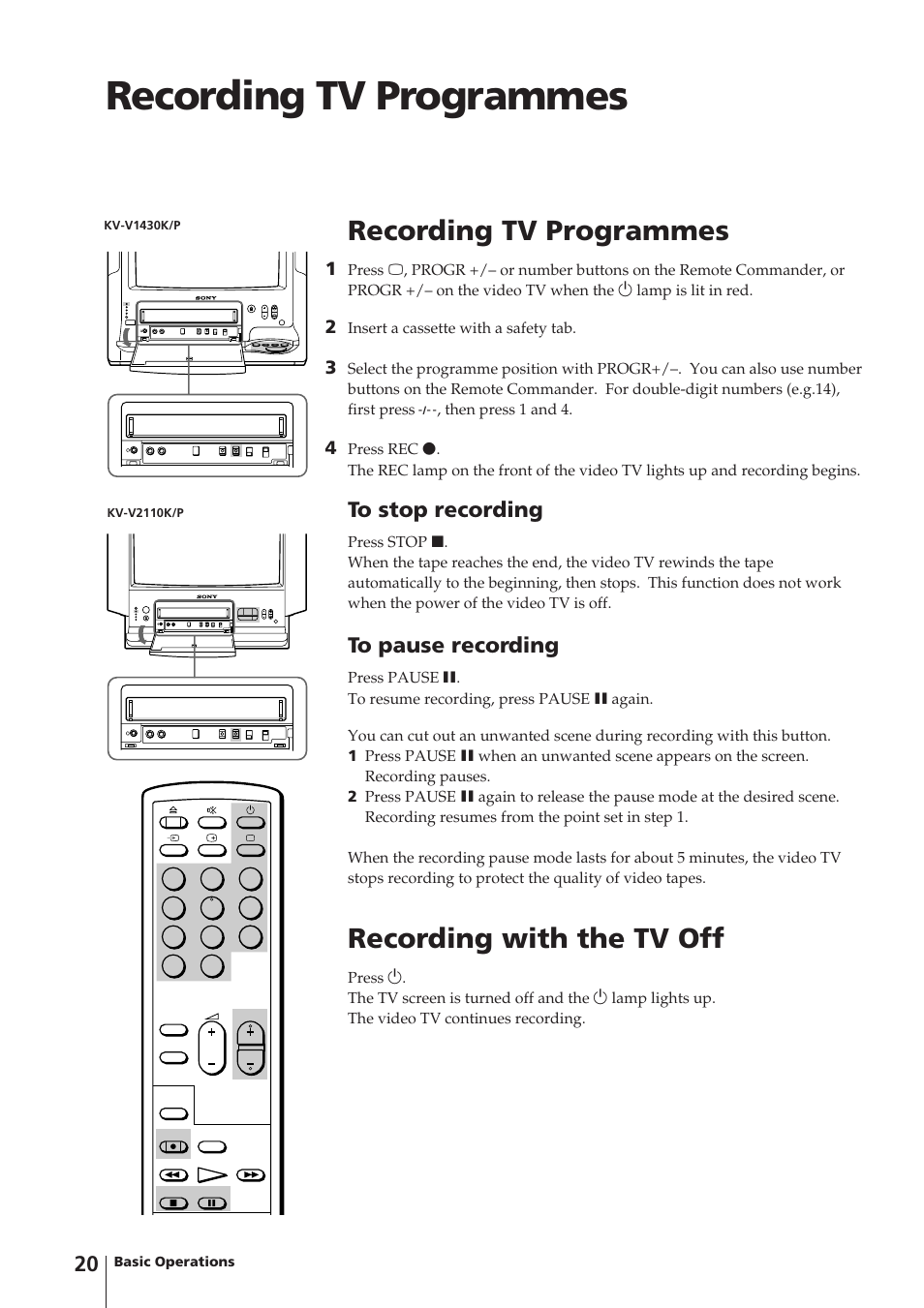 Recording tv programmes, Recording with the tv off | Sony Trinitron KV-V1430P User Manual | Page 20 / 36