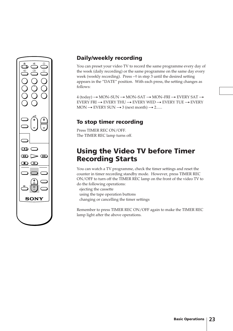 Using the video tv before timer recording starts, Daily/weekly recording | Sony Trinitron KV-V1430P User Manual | Page 23 / 36
