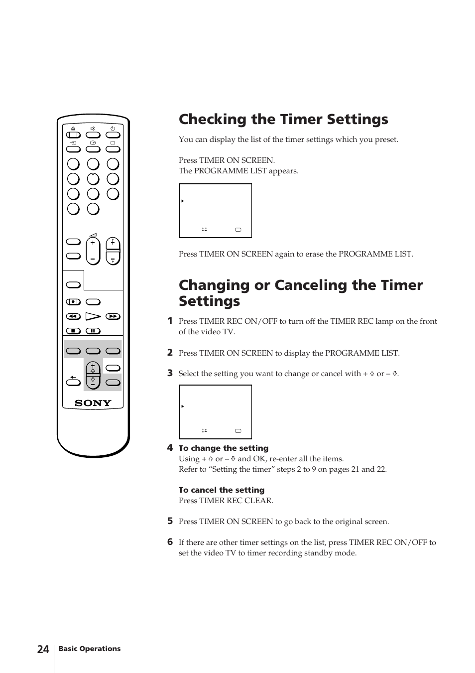 Checking the timer settings, Changing or canceling the timer settings, Basic operations | Sony Trinitron KV-V1430P User Manual | Page 24 / 36