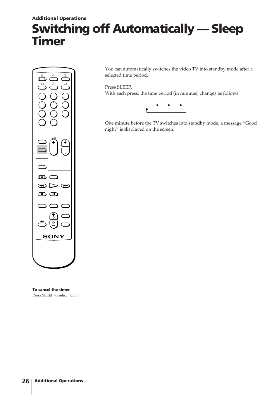 Switching off automatically — sleep timer, Additional operations | Sony Trinitron KV-V1430P User Manual | Page 26 / 36