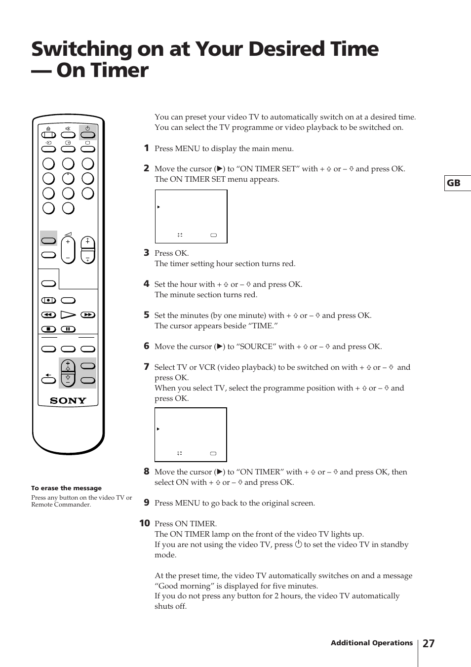 Switching on at your desired time — on timer, Press menu to display the main menu, Press menu to go back to the original screen | Sony Trinitron KV-V1430P User Manual | Page 27 / 36