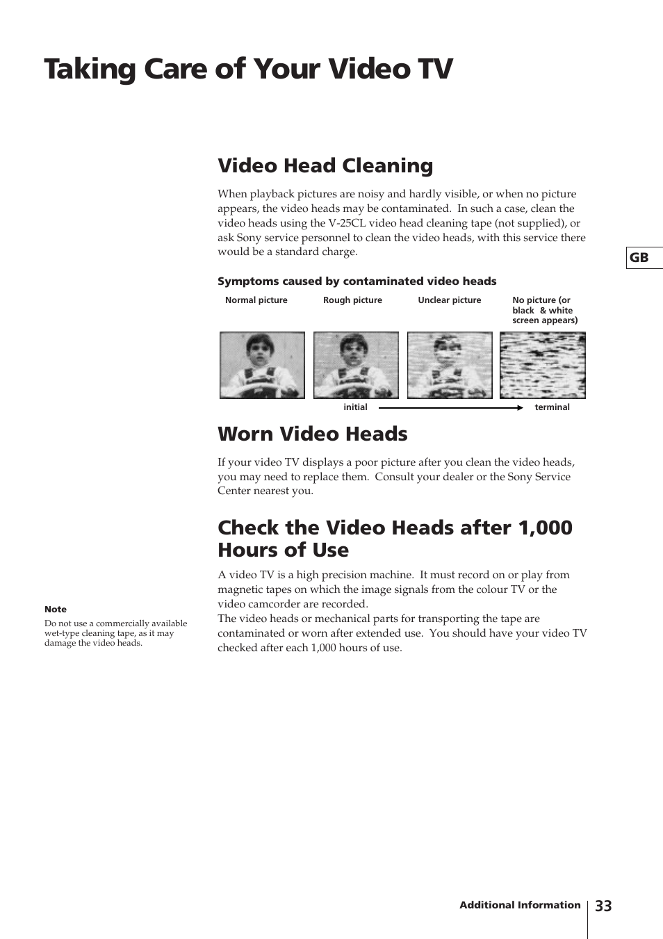 Taking care of your video tv, Worn video heads, Check the video heads after 1,000 hours of use | Video head cleaning | Sony Trinitron KV-V1430P User Manual | Page 33 / 36