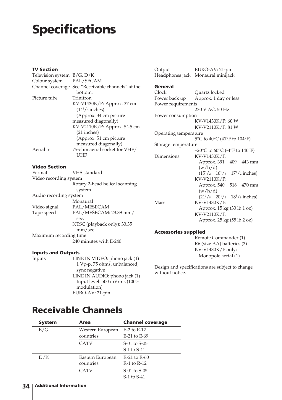 Specifications, Receivable channels | Sony Trinitron KV-V1430P User Manual | Page 34 / 36