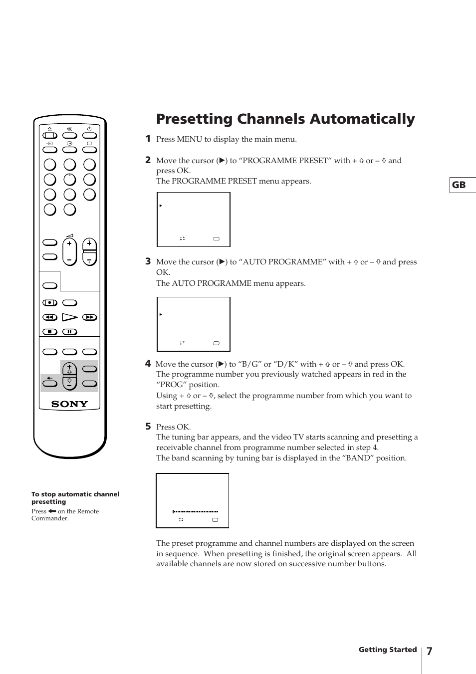 Presetting channels automatically, Press menu to display the main menu, Getting started | Sony Trinitron KV-V1430P User Manual | Page 7 / 36