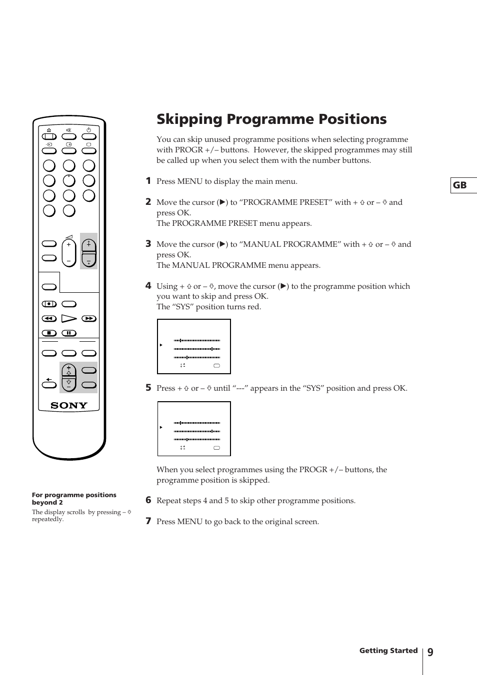Skipping programme positions, Press menu to display the main menu, Press menu to go back to the original screen | Getting started | Sony Trinitron KV-V1430P User Manual | Page 9 / 36