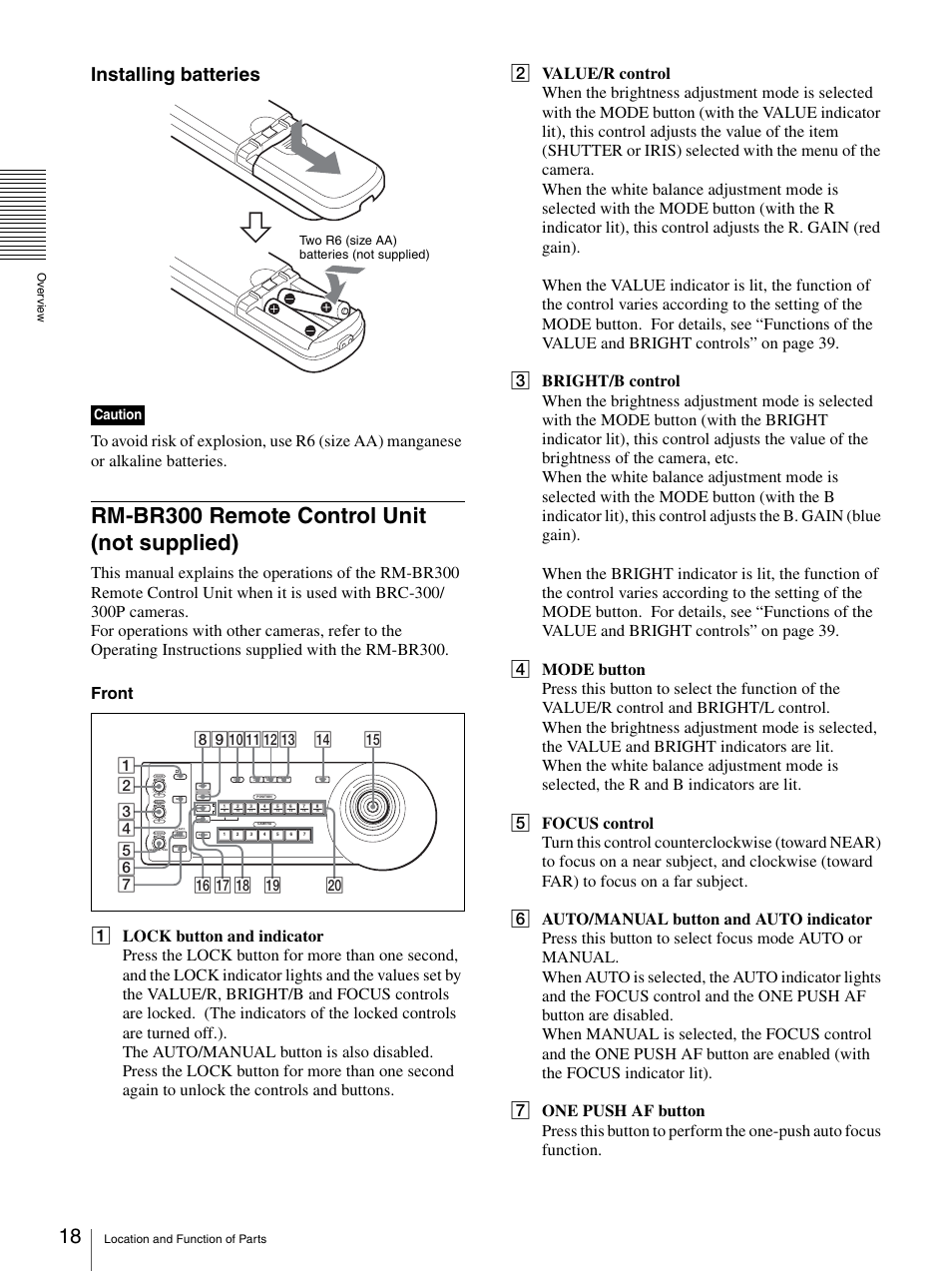 Rm-br300 remote control unit (not supplied), Rm-br300 remote control unit (not, Supplied) | Installing batteries, Caution, Two r6 (size aa) batteries (not supplied) | Sony BRC-300P User Manual | Page 18 / 72