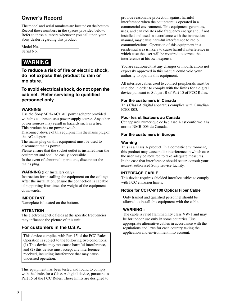 Owner’s record, Warning | Sony BRC-300P User Manual | Page 2 / 72