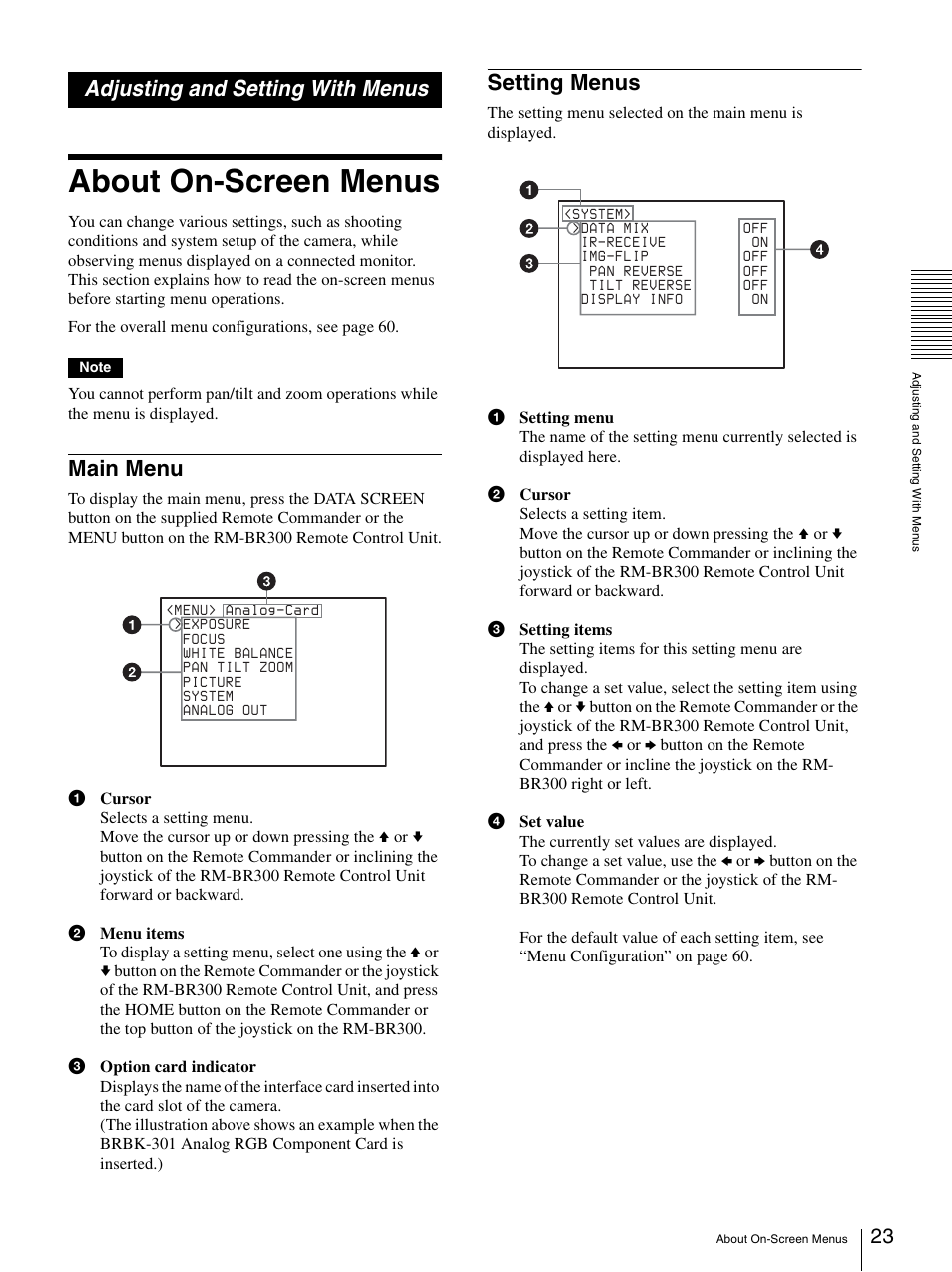 Adjusting and setting with menus, About on-screen menus, Main menu | Setting menus, Main menu setting menus | Sony BRC-300P User Manual | Page 23 / 72