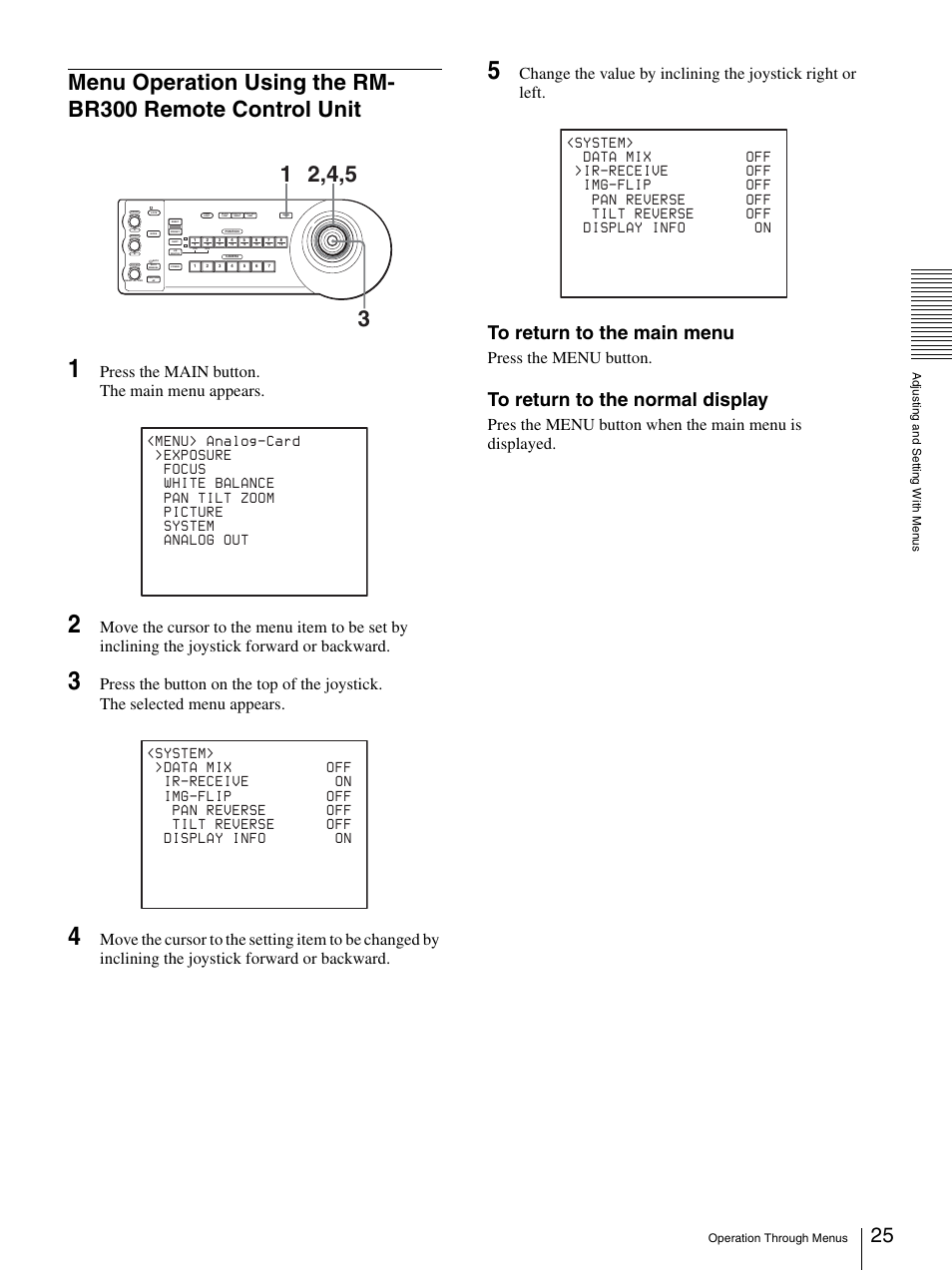 Menu operation using the rm-br300 remote, Control unit, Press the main button. the main menu appears | Press the menu button | Sony BRC-300P User Manual | Page 25 / 72