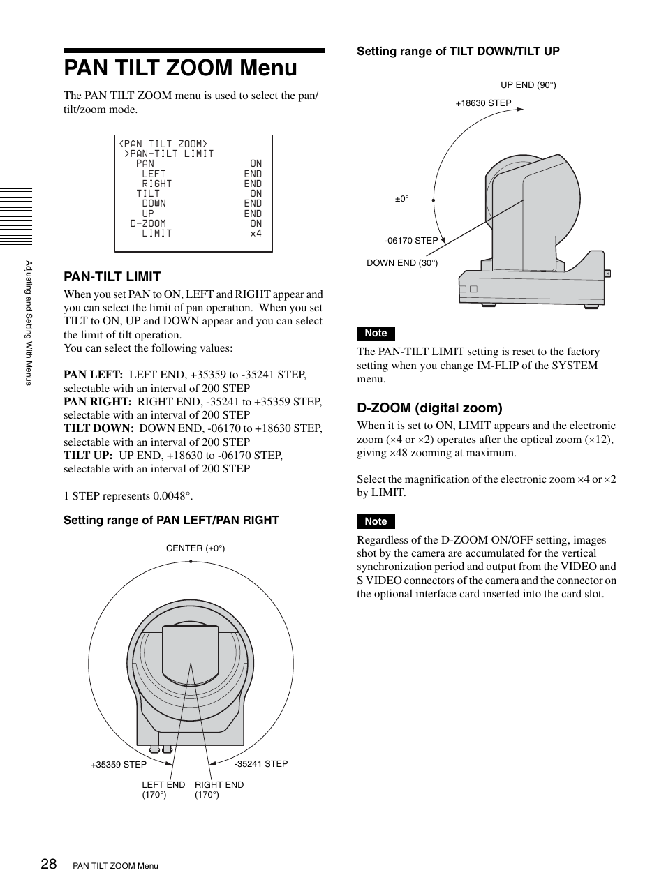 Pan tilt zoom menu, Pan-tilt limit, D-zoom (digital zoom) | Sony BRC-300P User Manual | Page 28 / 72
