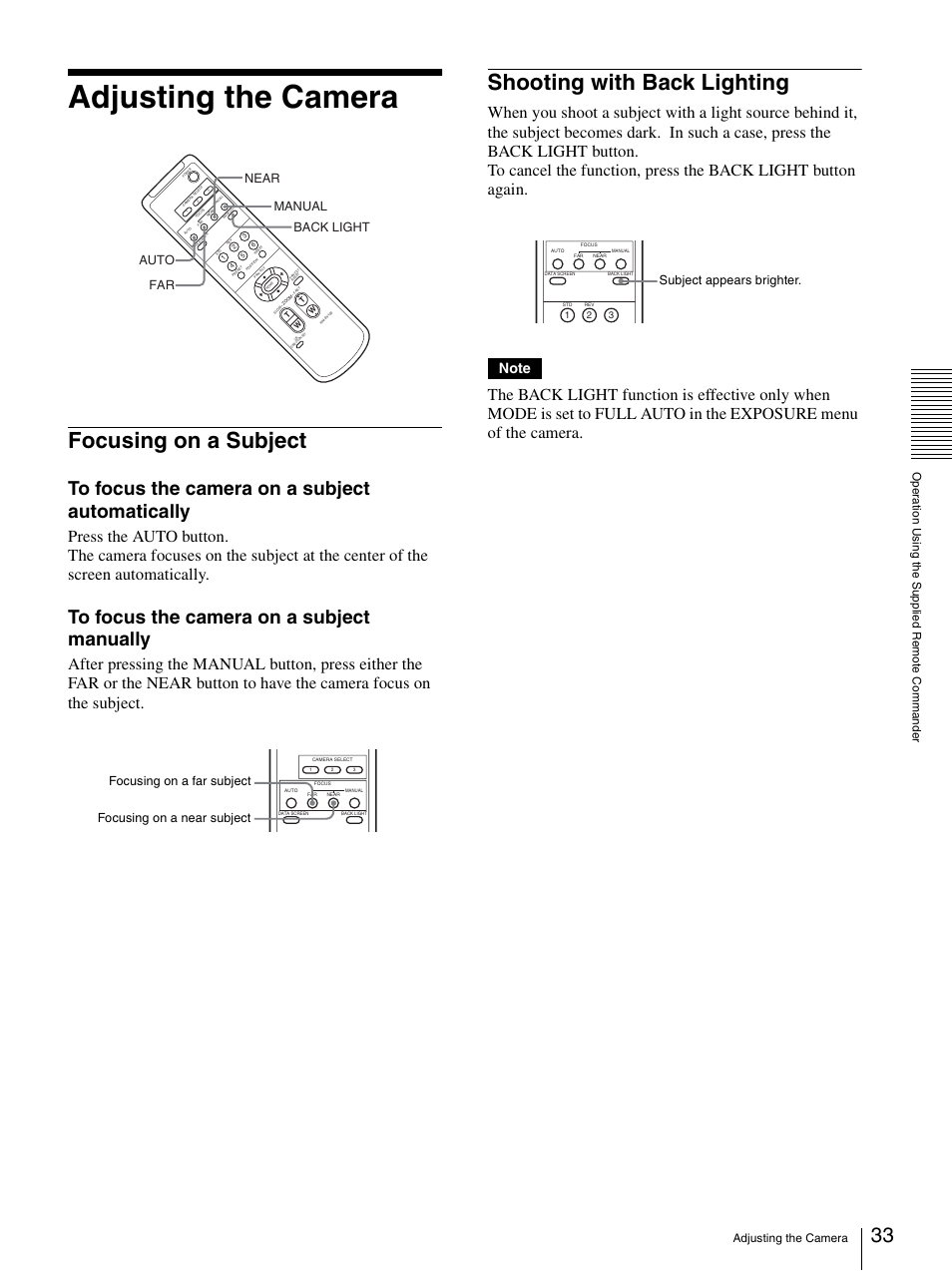 Adjusting the camera, Focusing on a subject, Shooting with back lighting | Focusing on a subject shooting with back lighting, Auto far near back light manual, Subject appears brighter | Sony BRC-300P User Manual | Page 33 / 72