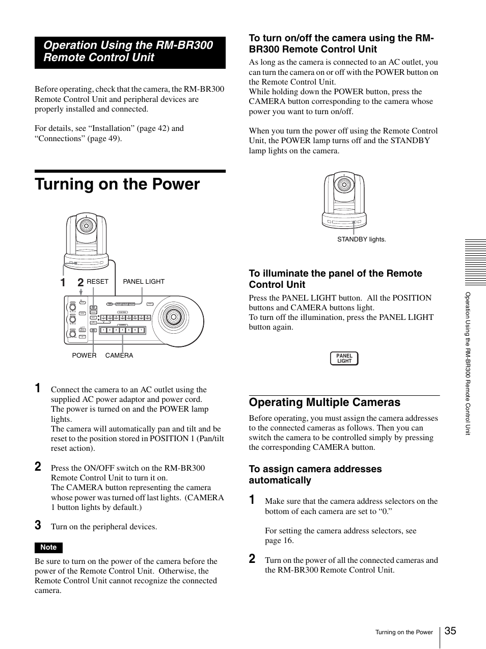 Operation using the rm-br300 remote control unit, Turning on the power, Operating multiple cameras | Turn on the peripheral devices | Sony BRC-300P User Manual | Page 35 / 72