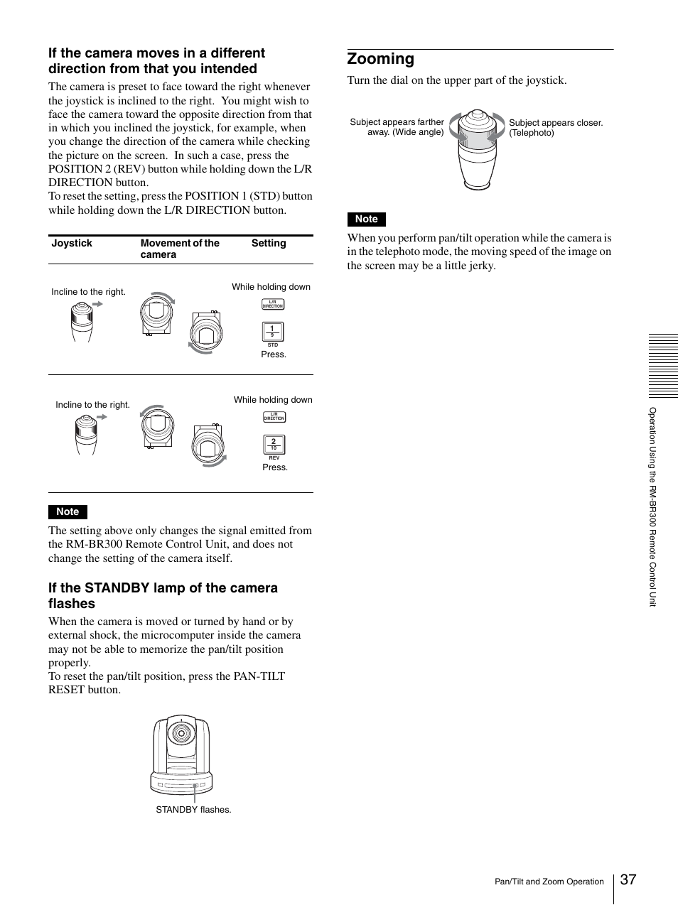 Zooming, If the standby lamp of the camera flashes, Turn the dial on the upper part of the joystick | Sony BRC-300P User Manual | Page 37 / 72