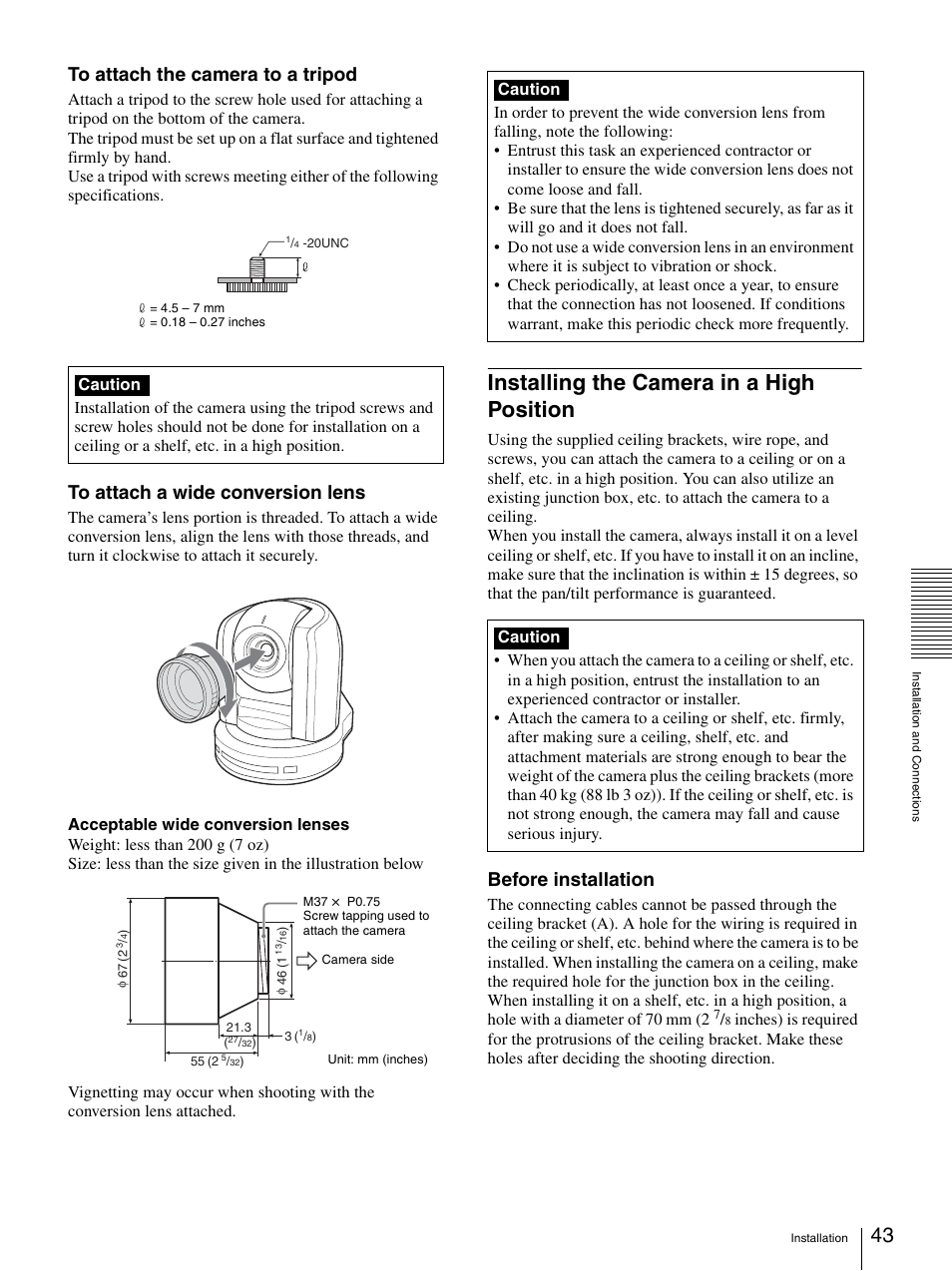 Installing the camera in a high position, Before installation | Sony BRC-300P User Manual | Page 43 / 72