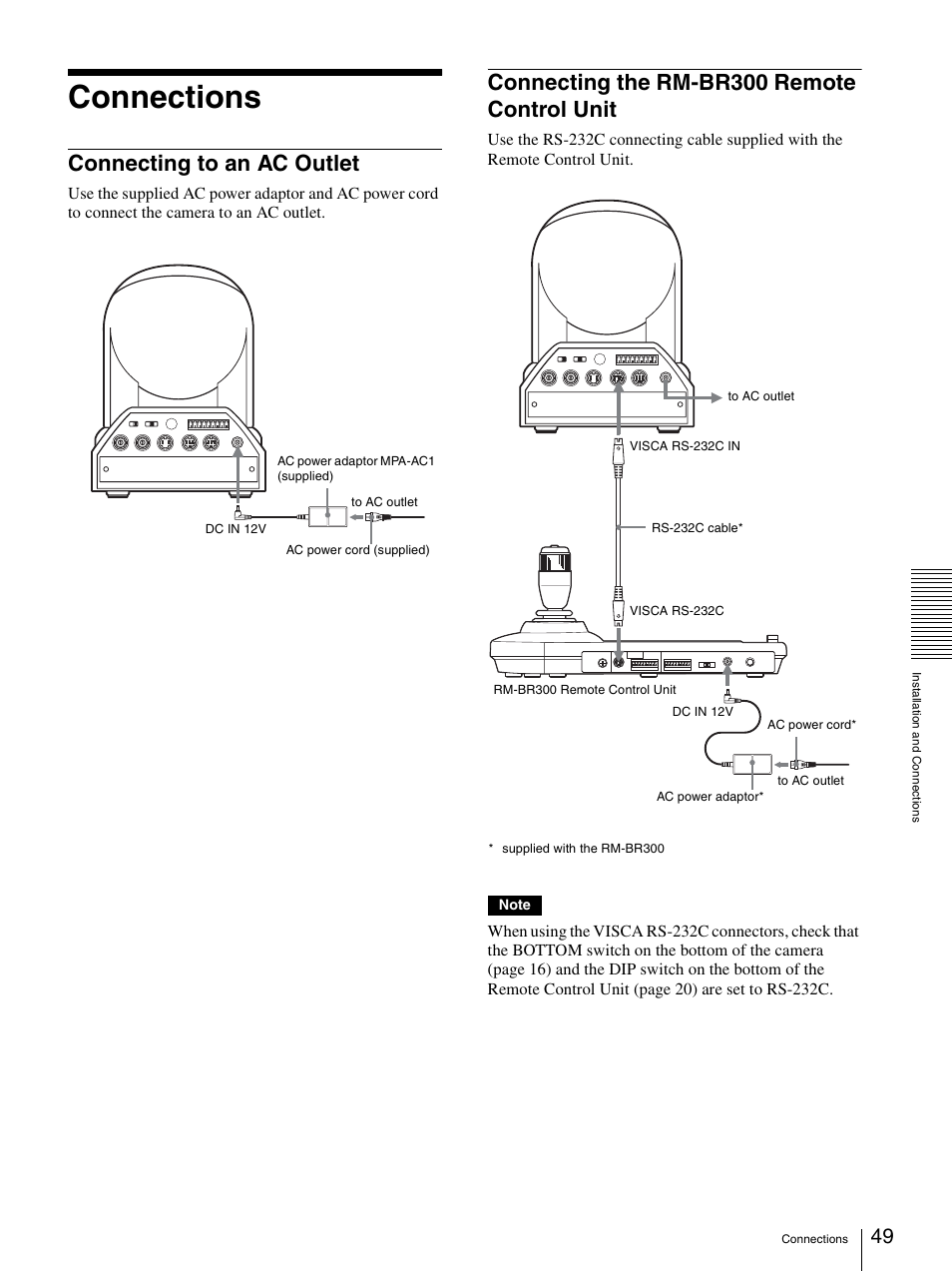 Connections, Connecting to an ac outlet, Connecting the rm-br300 remote control unit | Sony BRC-300P User Manual | Page 49 / 72