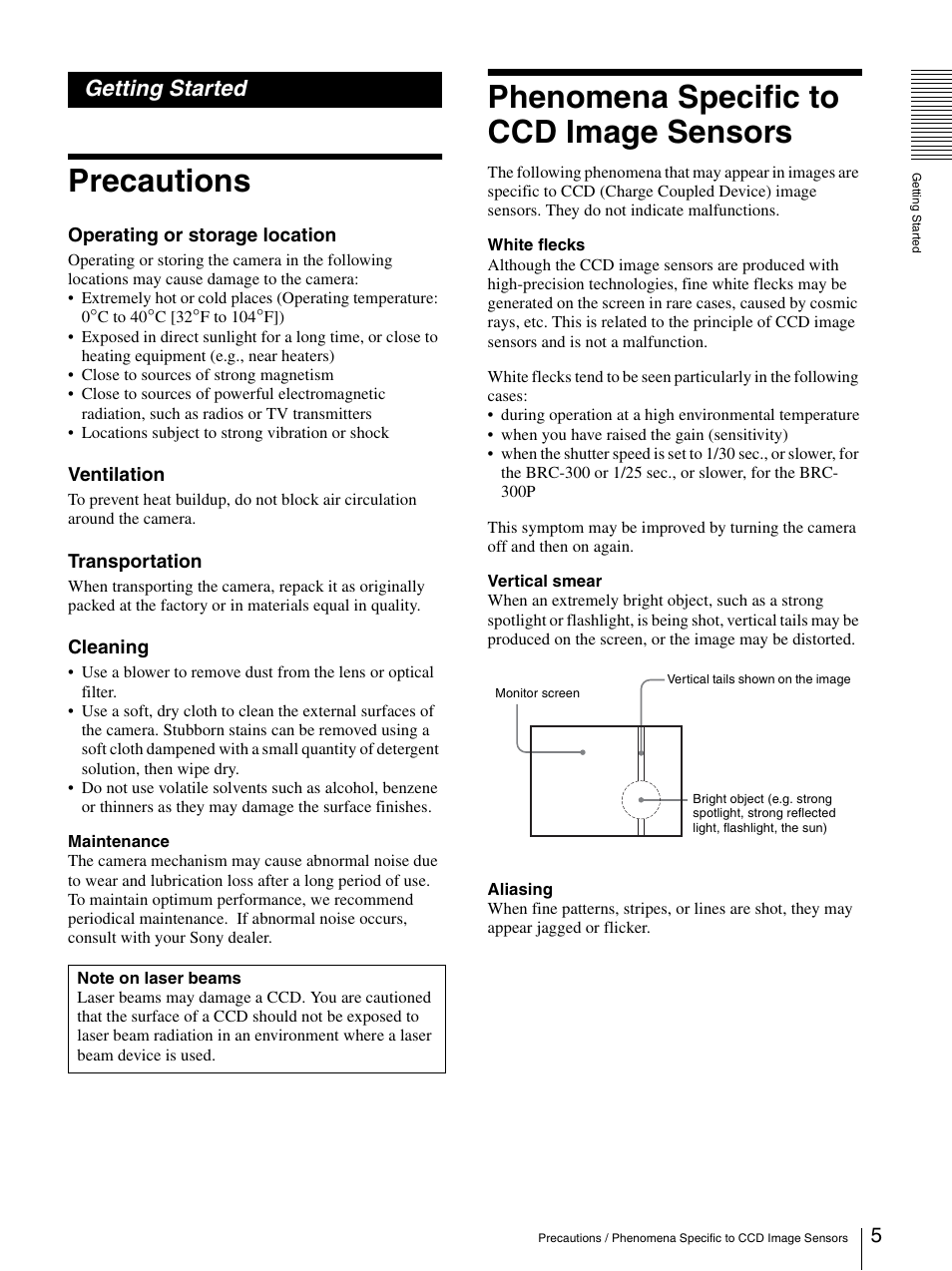 Getting started, Precautions, Phenomena specific to ccd image sensors | Sony BRC-300P User Manual | Page 5 / 72