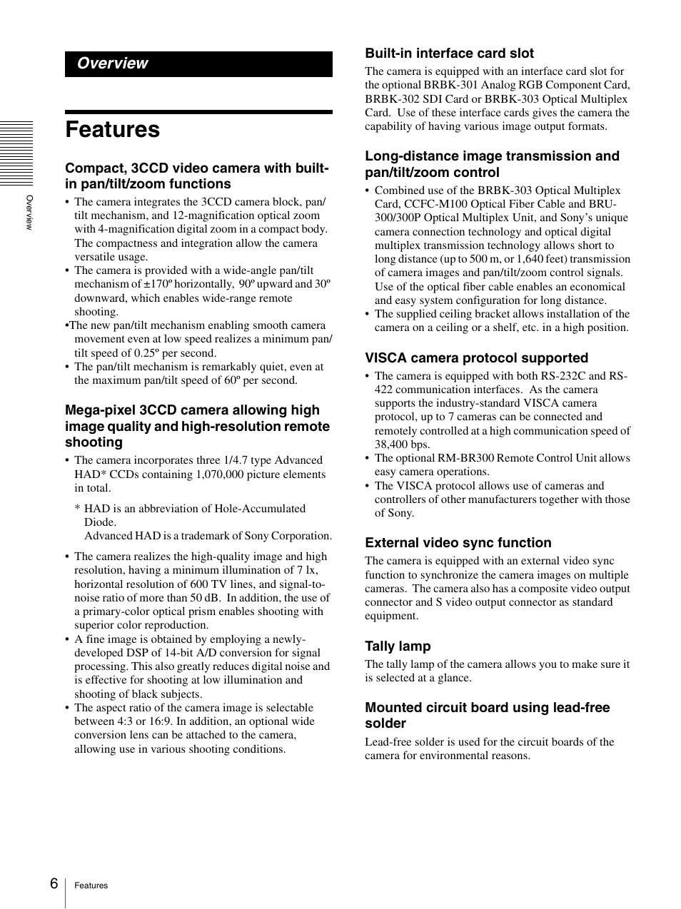 Overview, Features | Sony BRC-300P User Manual | Page 6 / 72