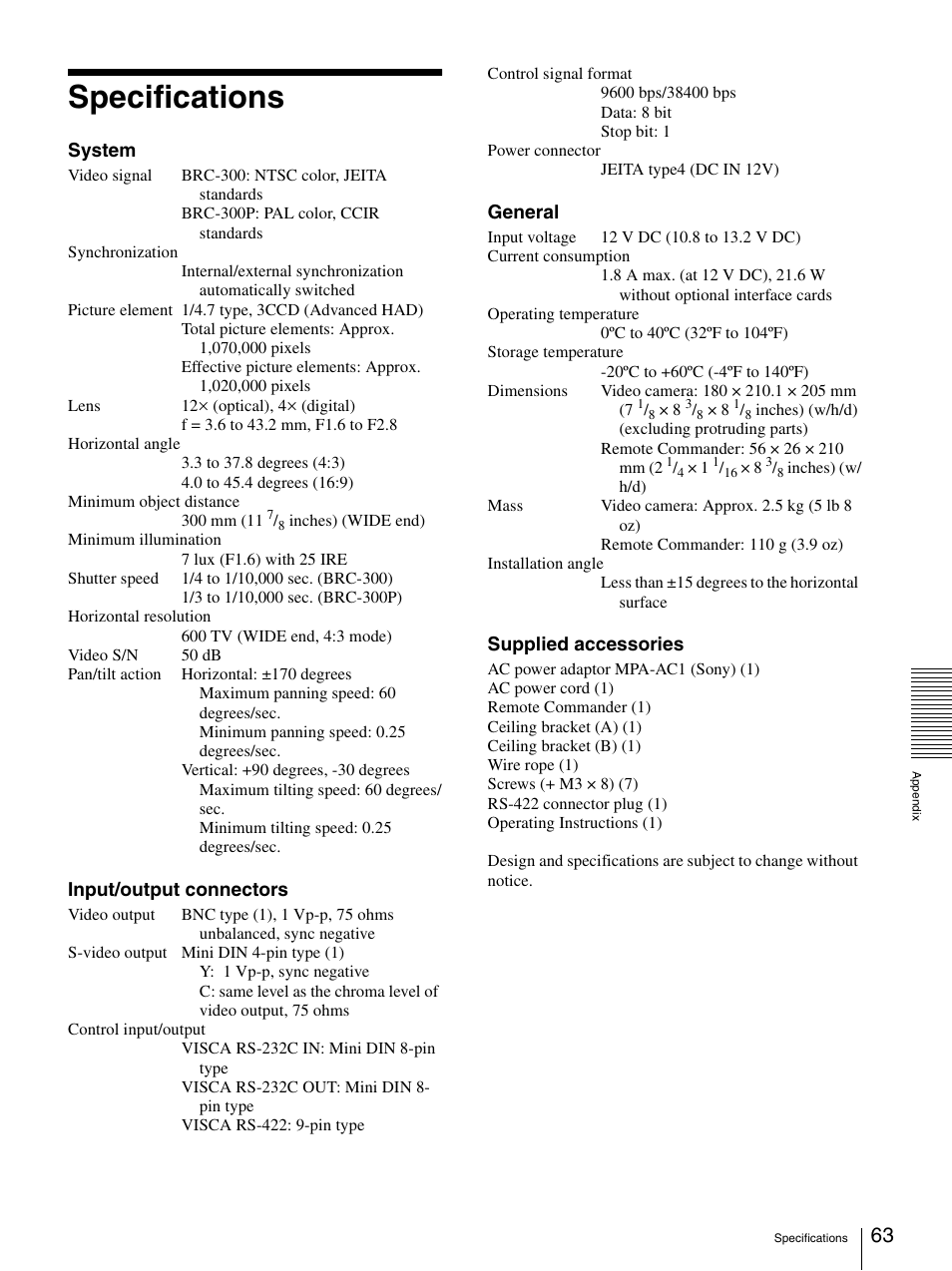 Specifications | Sony BRC-300P User Manual | Page 63 / 72