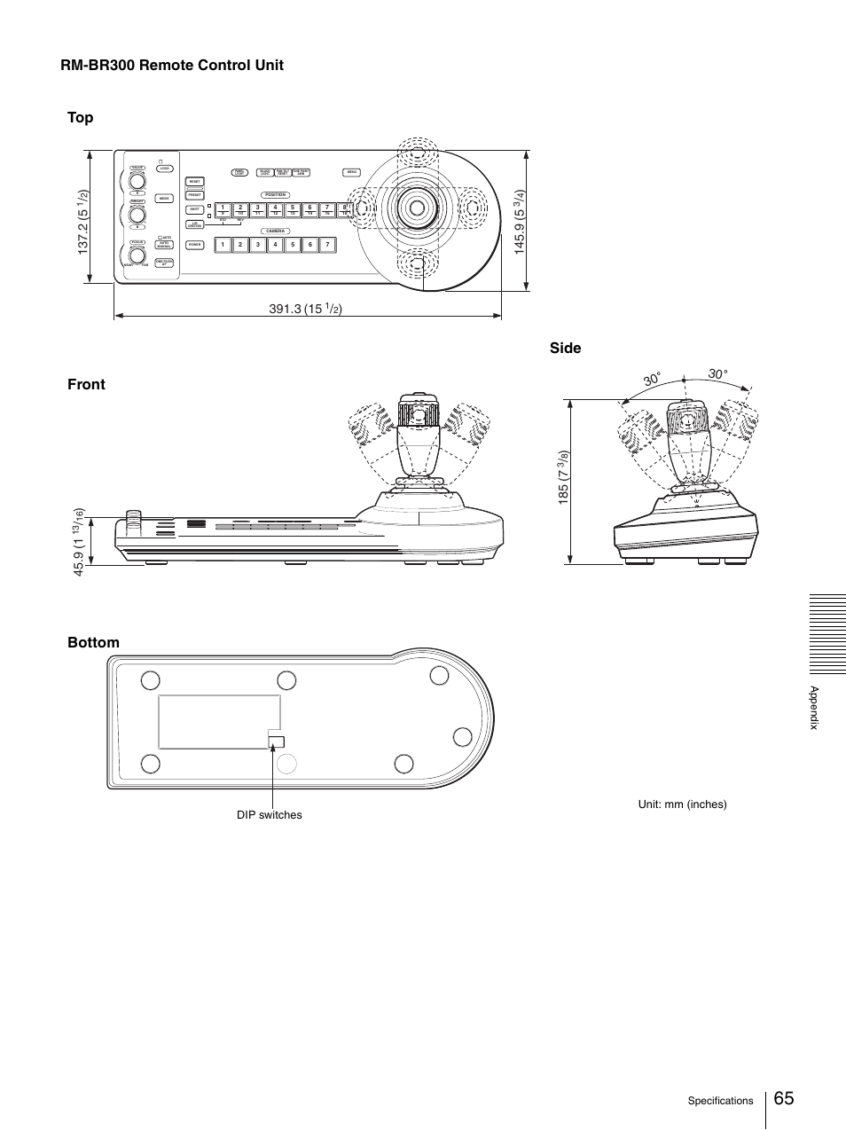 Rm-br300 remote control unit, Front bottom side top, Unit: mm (inches) | Dip switches | Sony BRC-300P User Manual | Page 65 / 72