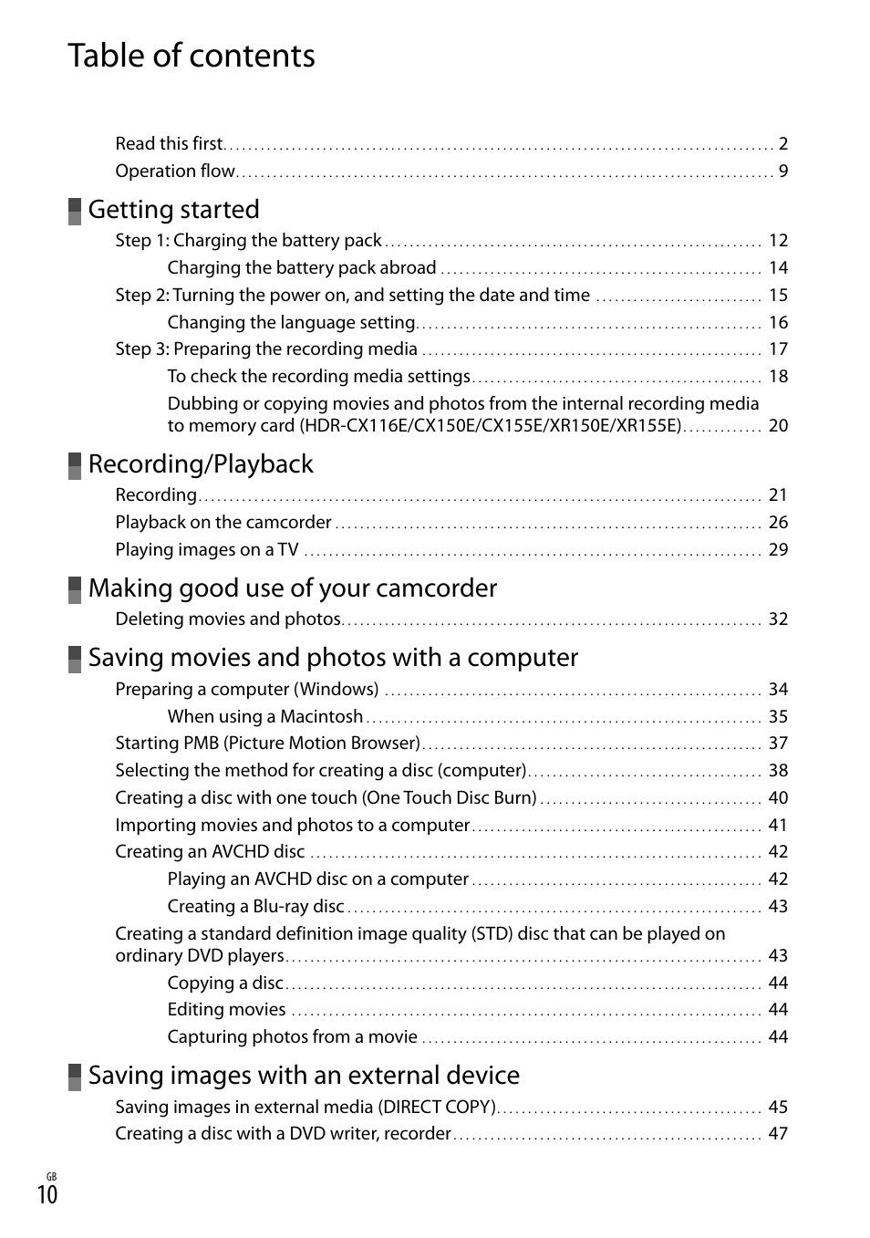 Sony XR150E User Manual | Page 10 / 76