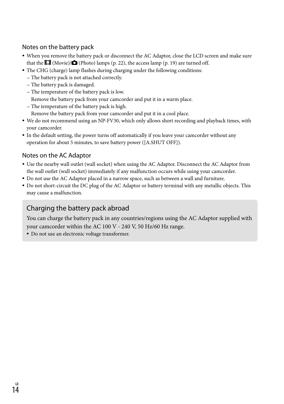 Charging the battery pack abroad | Sony XR150E User Manual | Page 14 / 76