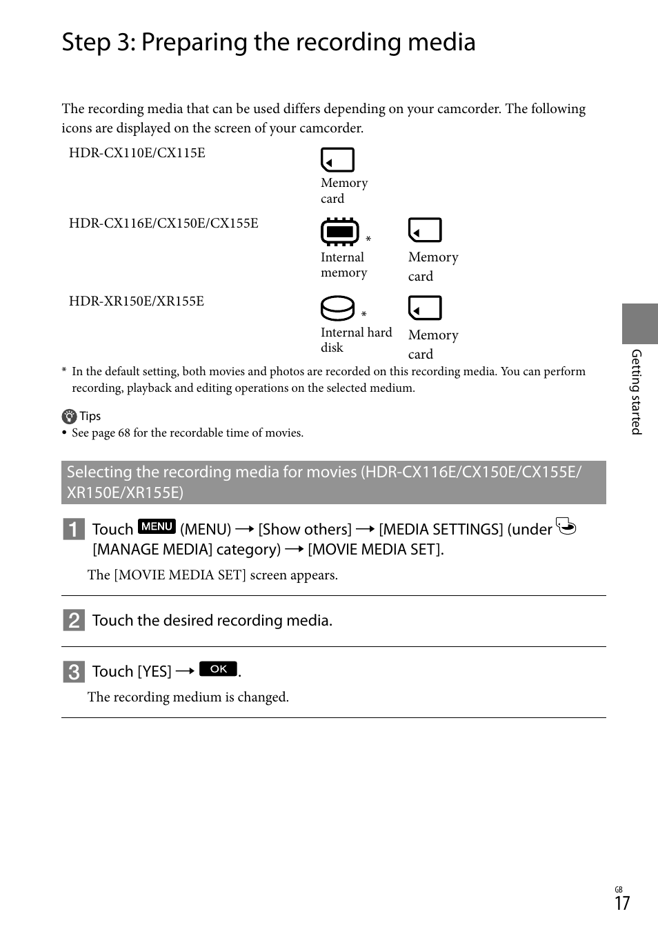 Step 3: preparing the recording media | Sony XR150E User Manual | Page 17 / 76