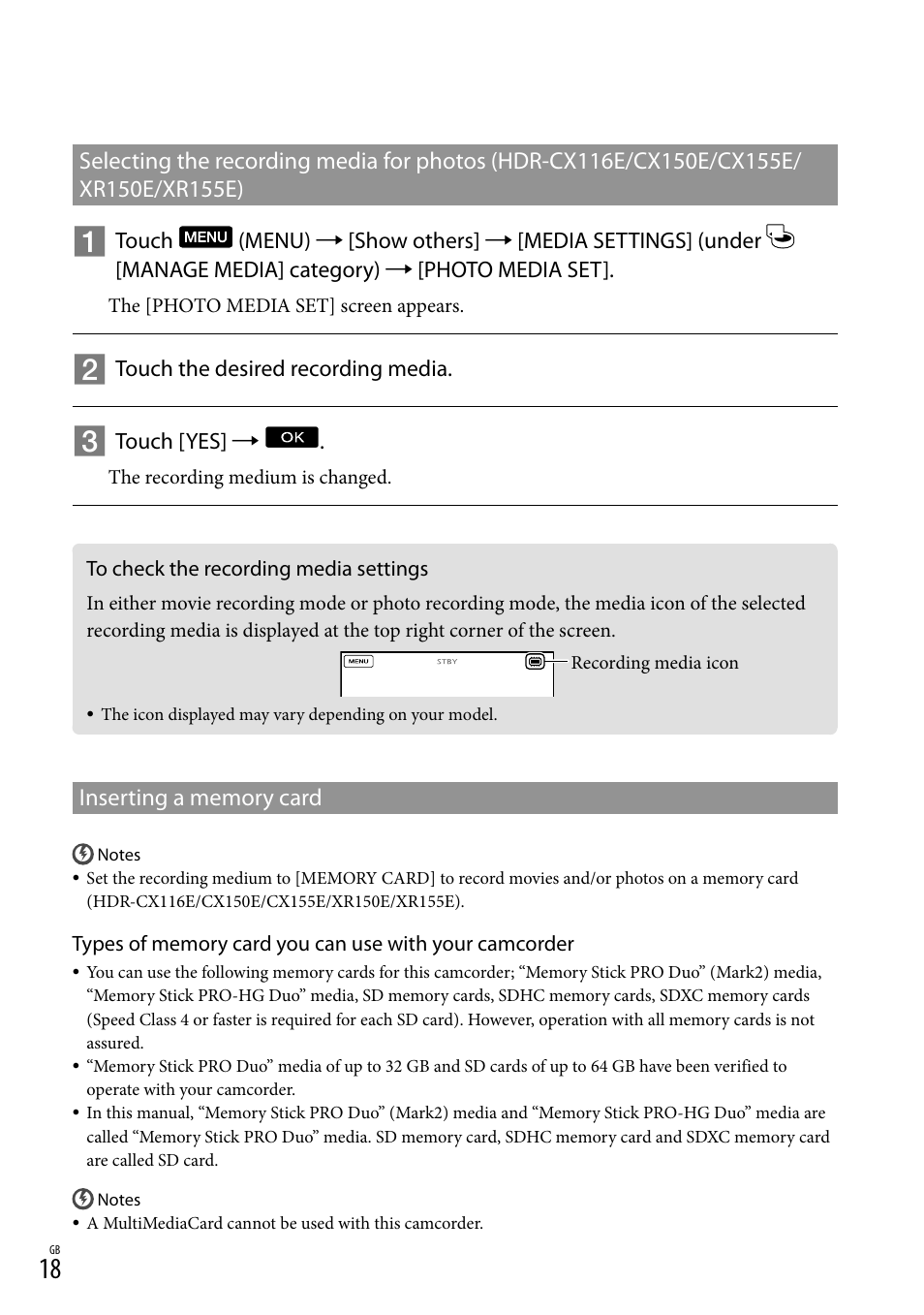 To check the recording media settings | Sony XR150E User Manual | Page 18 / 76