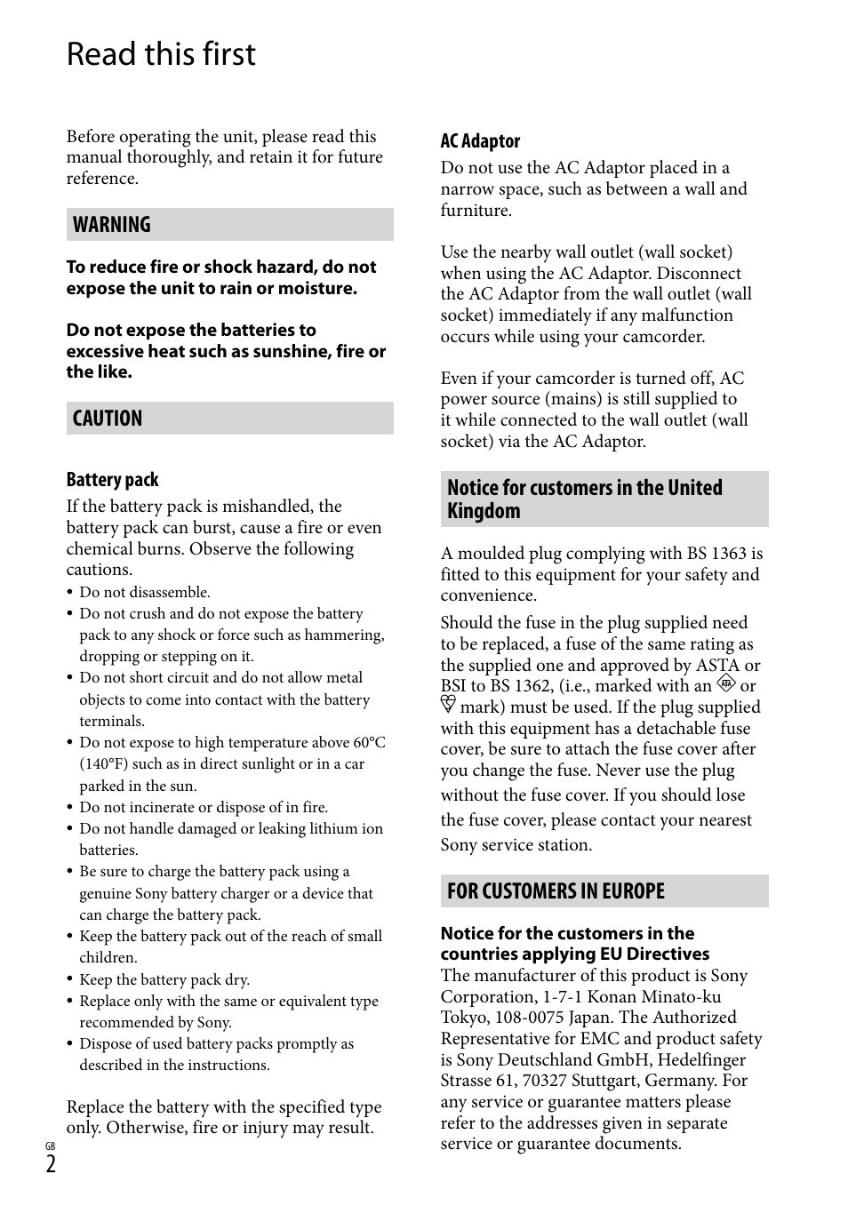 Read this first, Warning, Caution | Notice for customers in the united kingdom, For customers in europe | Sony XR150E User Manual | Page 2 / 76