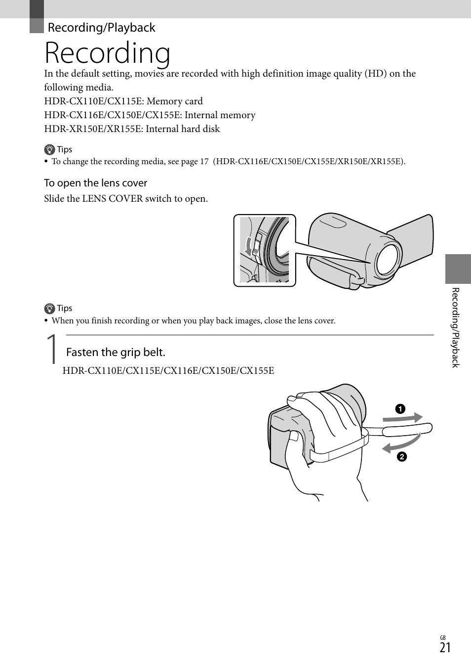 Recording/playback, Recording | Sony XR150E User Manual | Page 21 / 76