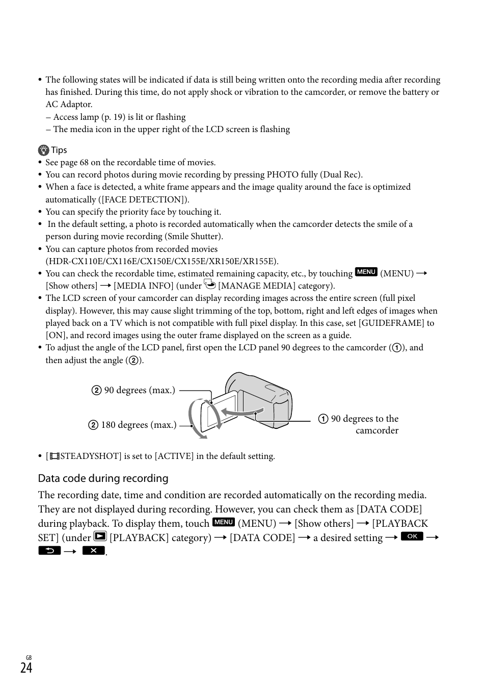 Data code during recording | Sony XR150E User Manual | Page 24 / 76