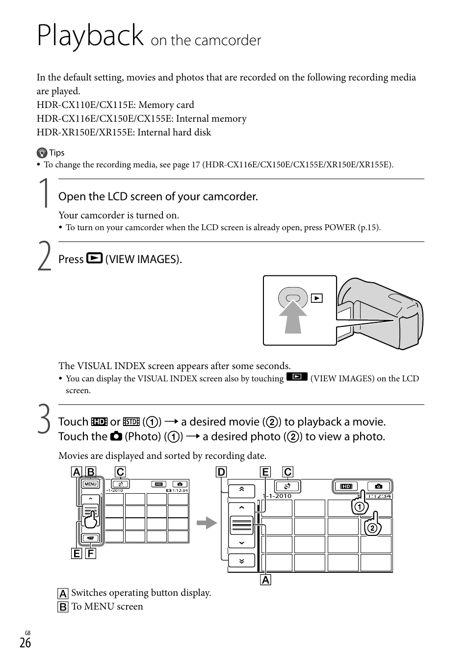 Playback on the camcorder, Playback, On the camcorder | Sony XR150E User Manual | Page 26 / 76