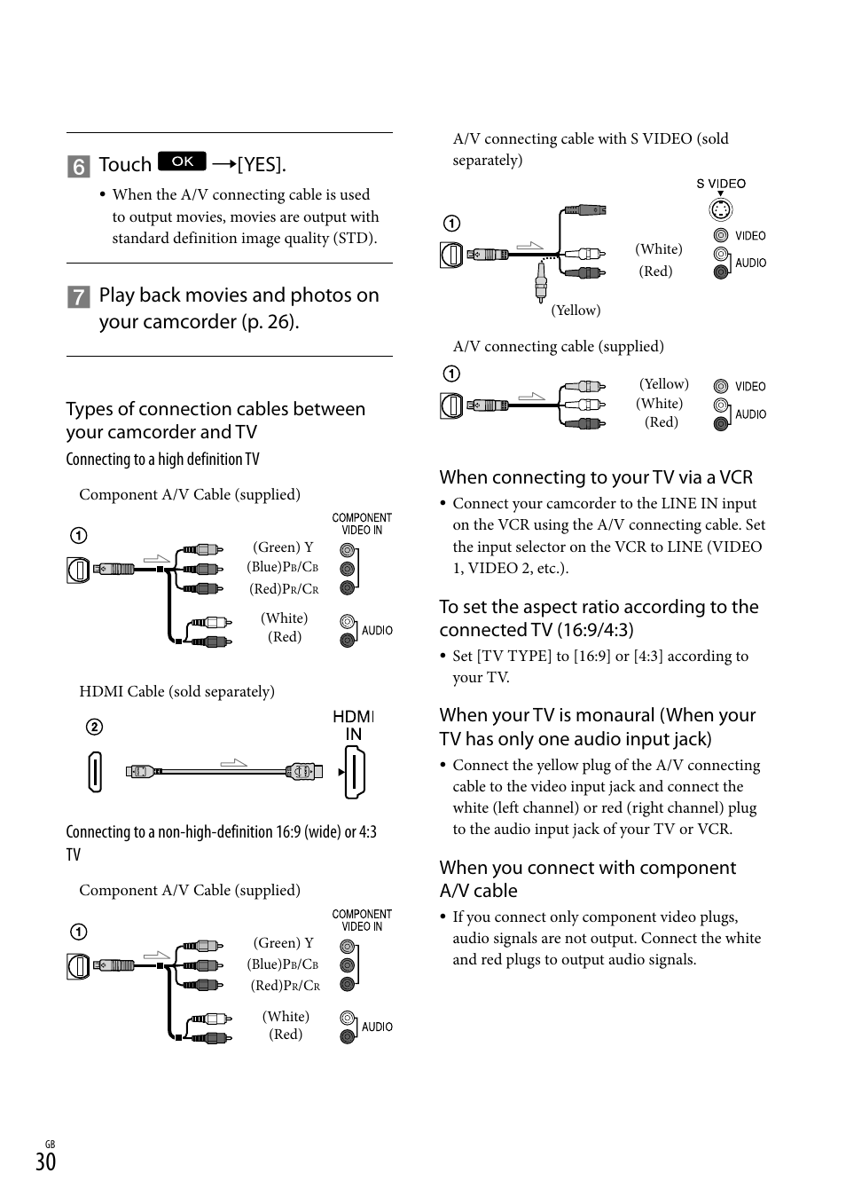Touch [yes, When connecting to your tv via a vcr, When you connect with component a/v cable | Sony XR150E User Manual | Page 30 / 76
