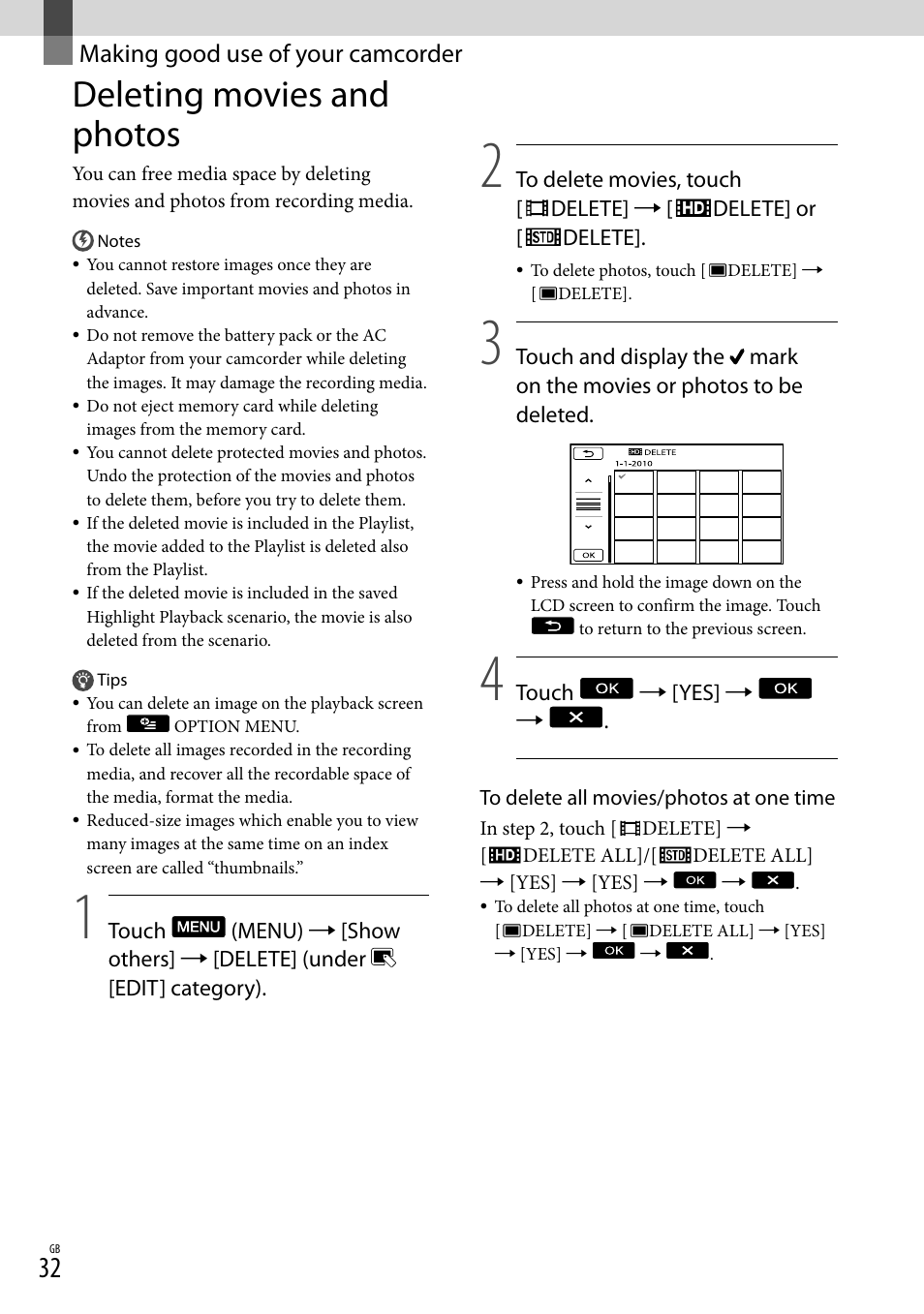 Making good use of your camcorder, Deleting movies and photos | Sony XR150E User Manual | Page 32 / 76